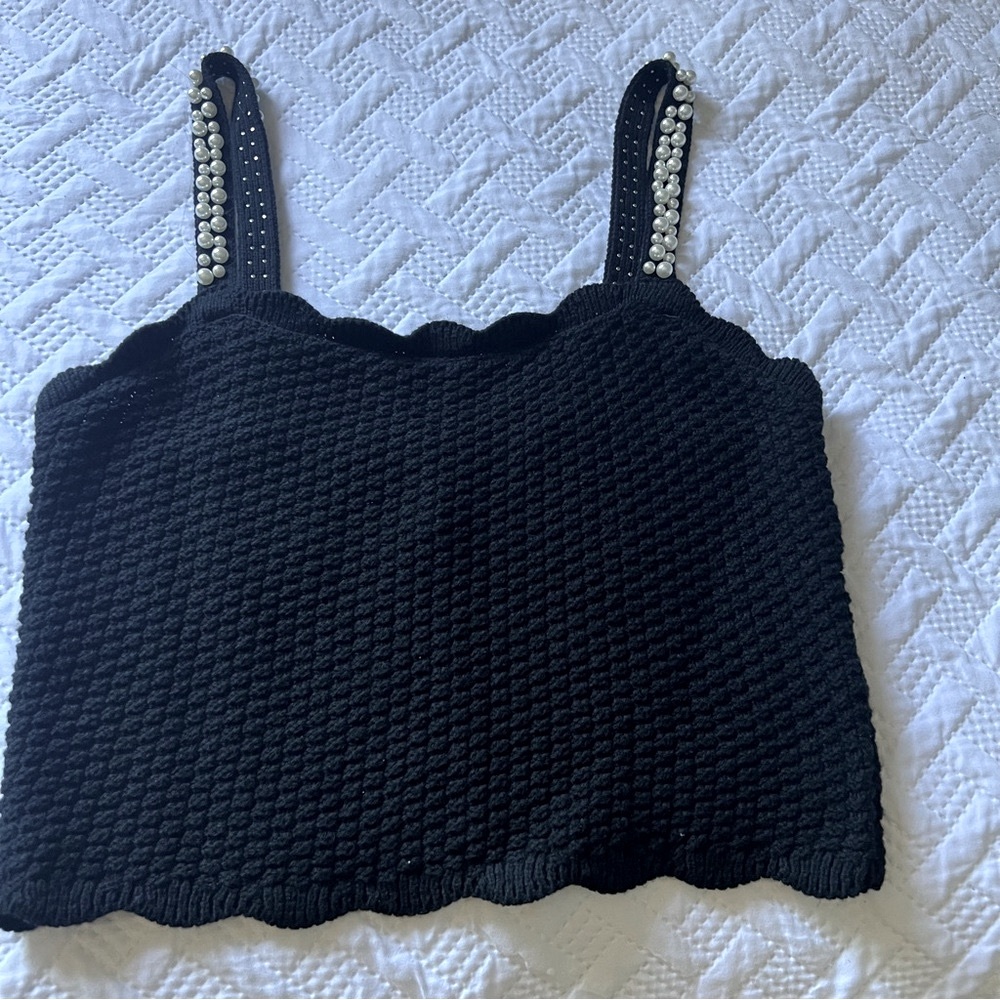 House of Harlow 1960 black Ribbed pearl Embellished Tank Top size S